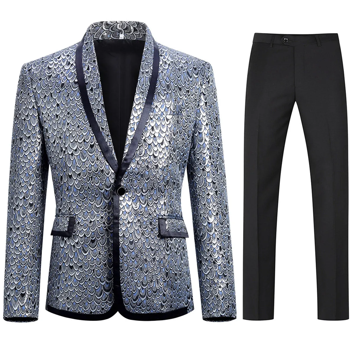 2-Piece Slim Fit Fish Scales Silver Sequin Suit