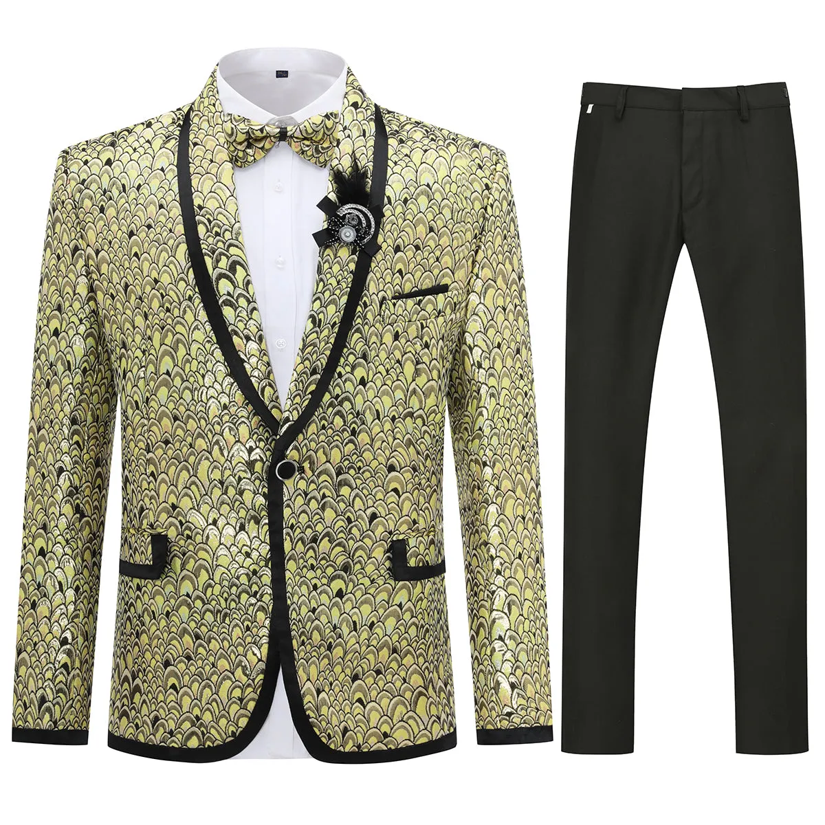 2-Piece Slim Fit Gold Sequin Fish Scales Suit