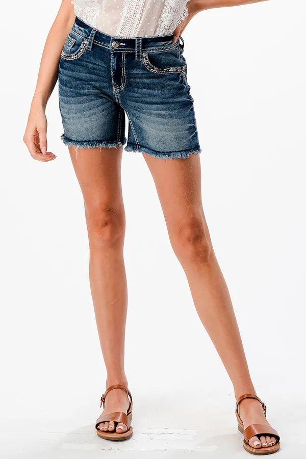 3D Horse Shoe Mid Rise Denim Shorts