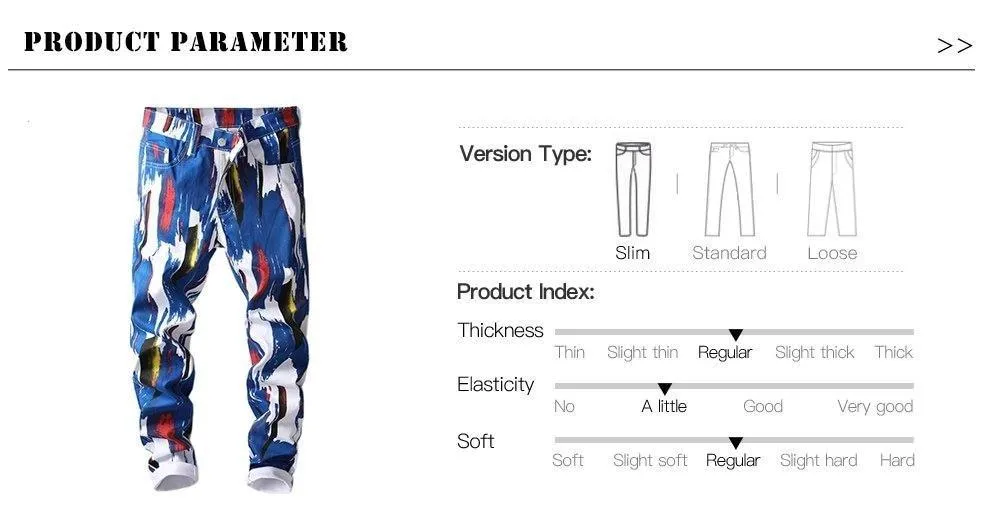 3D Pattern Slim Printed Jeans for Men Blue White Stretch Fashion Denims