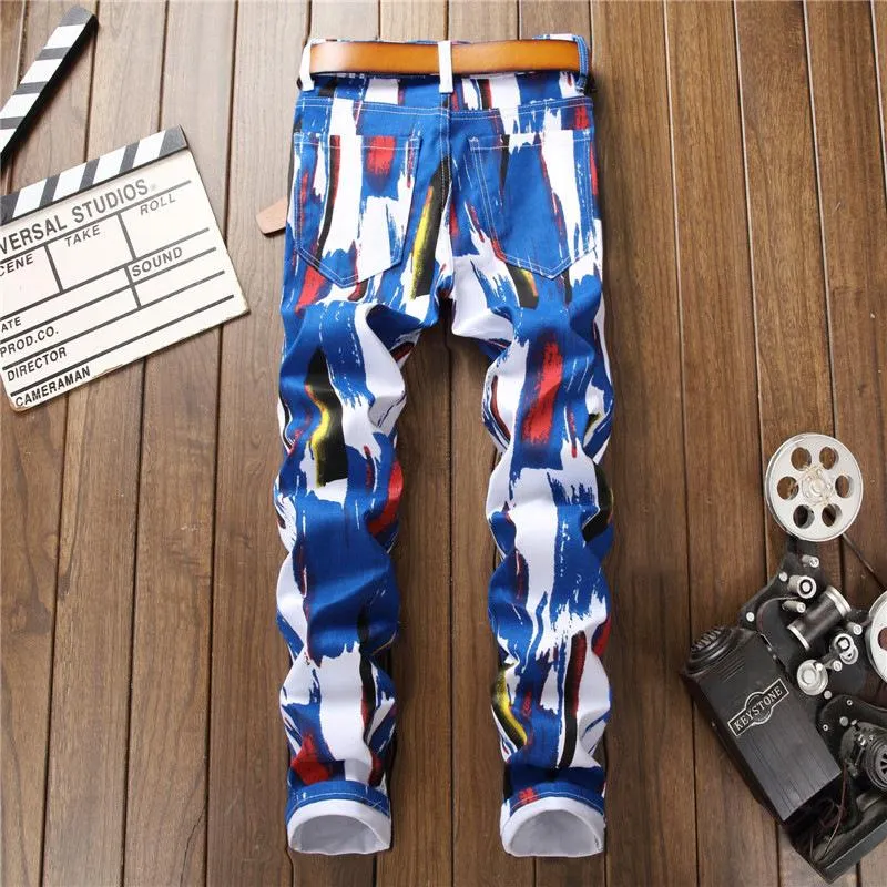 3D Pattern Slim Printed Jeans for Men Blue White Stretch Fashion Denims