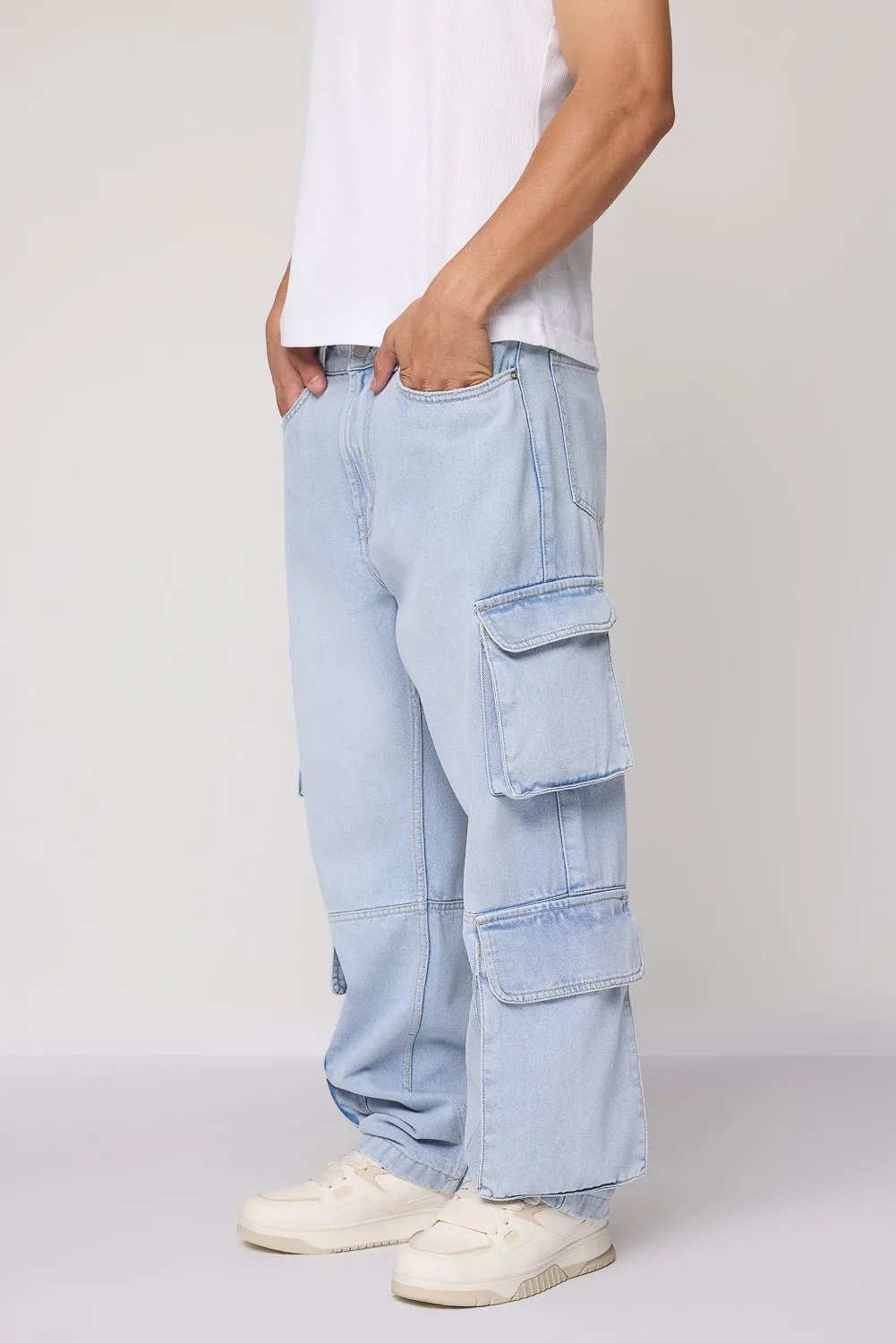 Arctic Sky Blue Men's Straight Utility Cargo Jeans