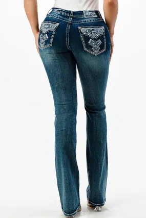 Aztec Faux Flap Embellishment Mid Rise Bootcut Jeans