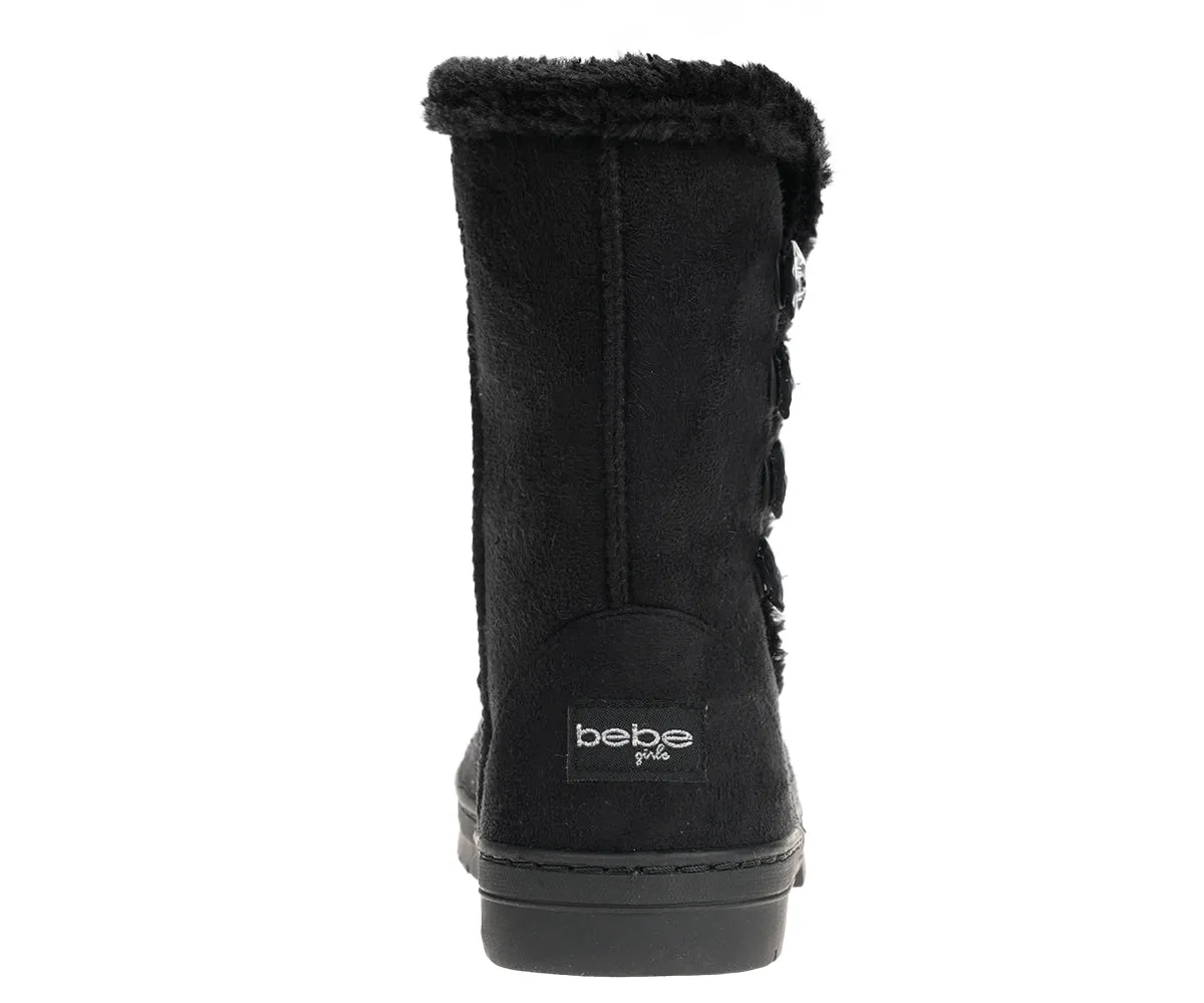 bebe Girl's Winter Boots Fur Boot Cuffs Sherpa Lined Shearling Microsuede Boots - Warm Boots For Girls, Black/Sand