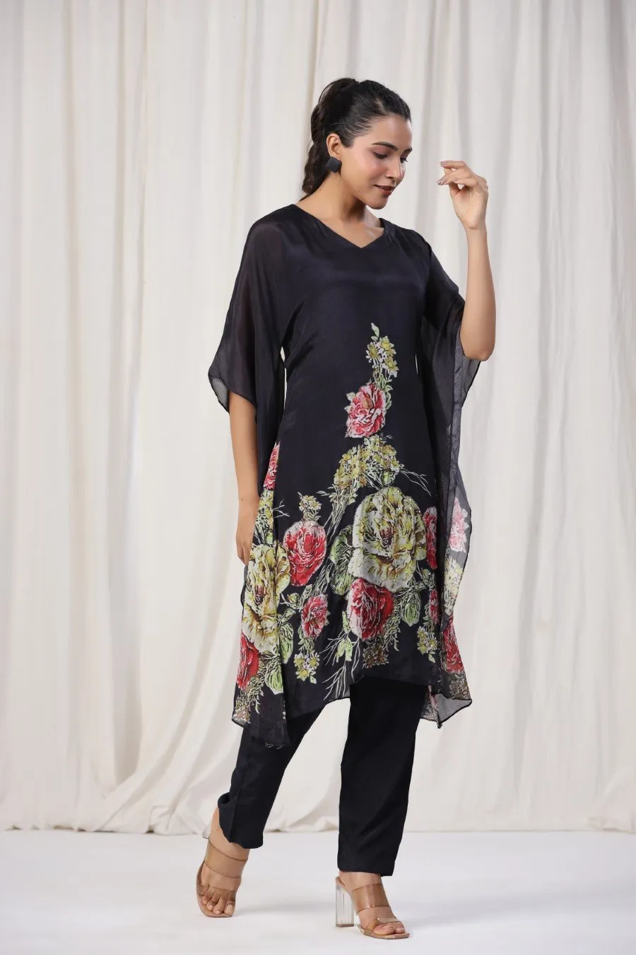 Black Floral Crepe Silk Kurta With Pants