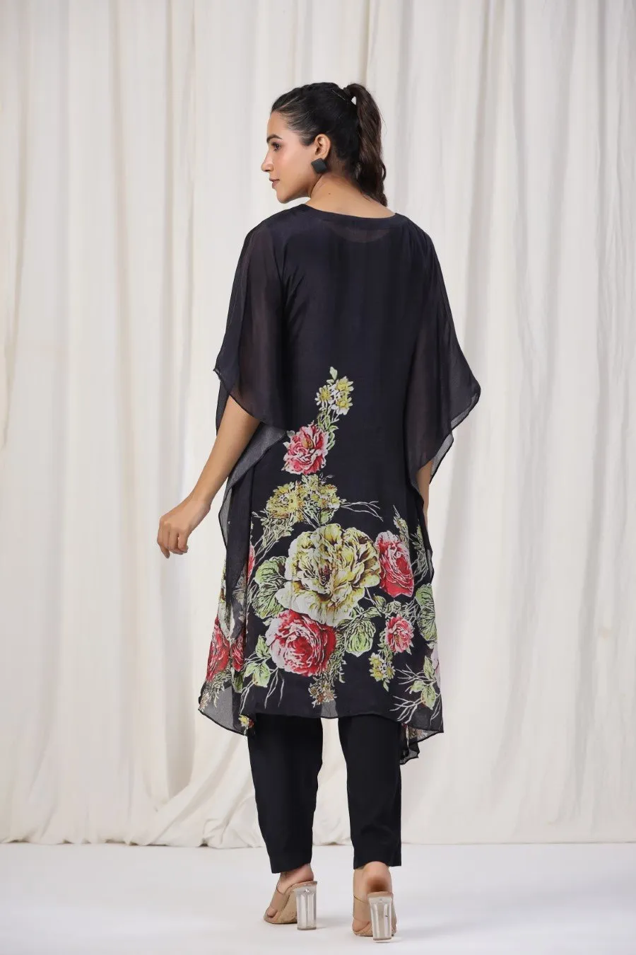 Black Floral Crepe Silk Kurta With Pants