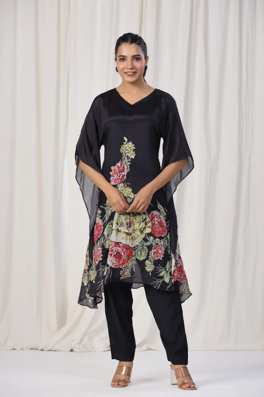 Black Floral Crepe Silk Kurta With Pants