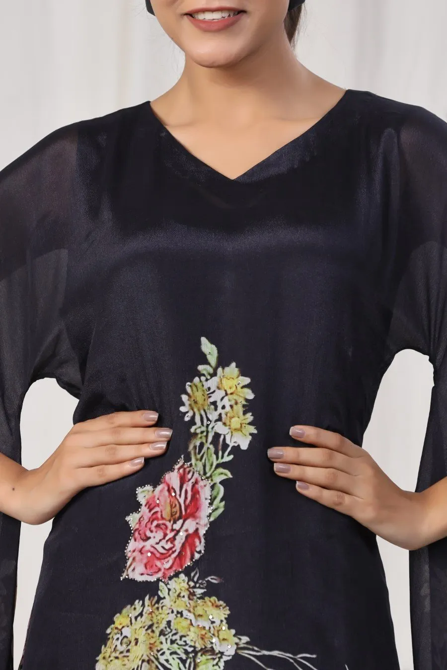 Black Floral Crepe Silk Kurta With Pants