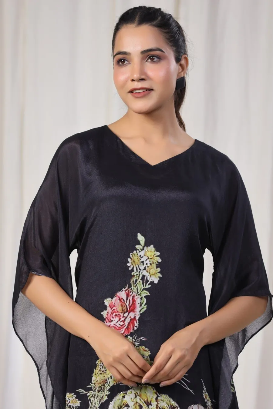 Black Floral Crepe Silk Kurta With Pants