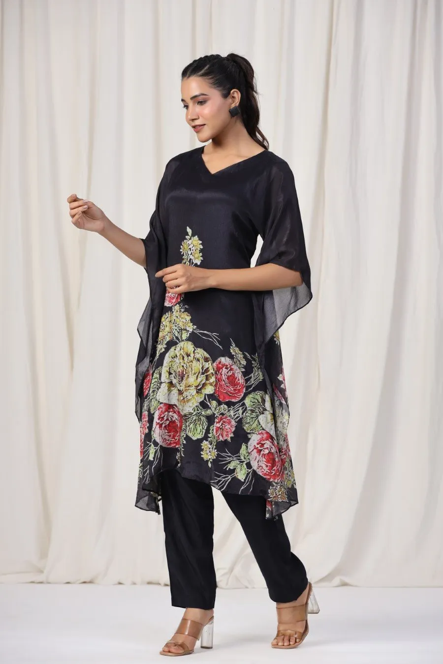 Black Floral Crepe Silk Kurta With Pants