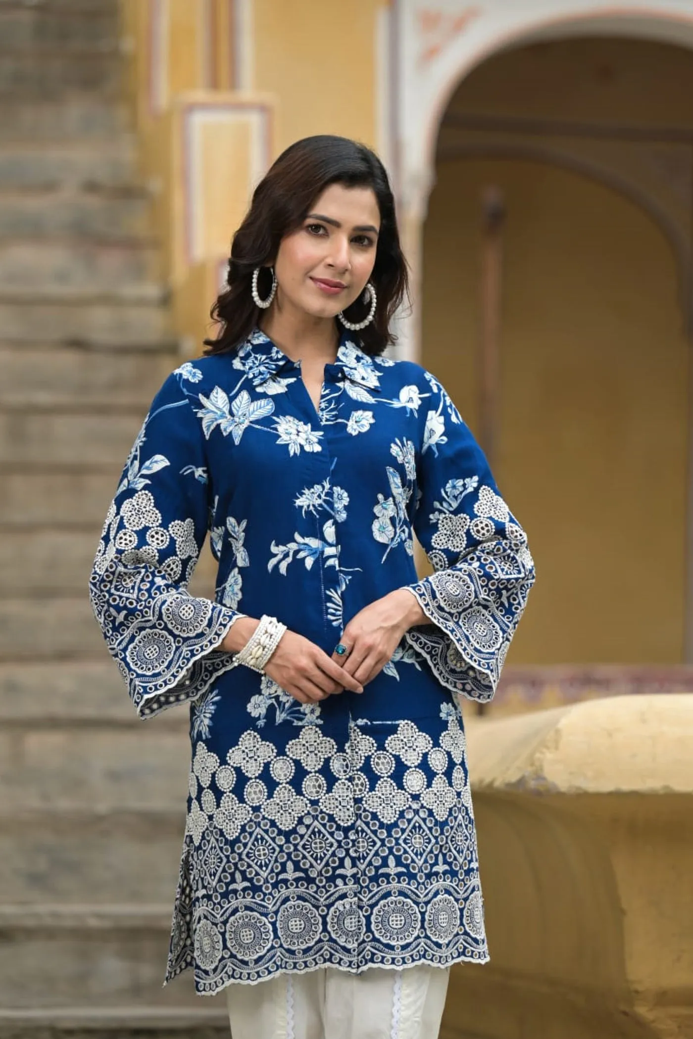 Blue Floral Embroidered Tunic with Dhoti Pants