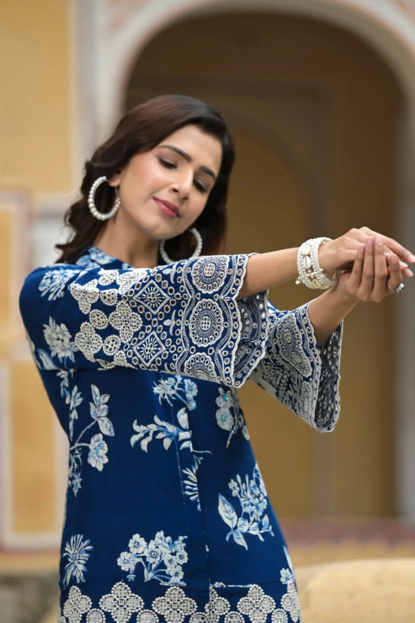 Blue Floral Embroidered Tunic with Dhoti Pants