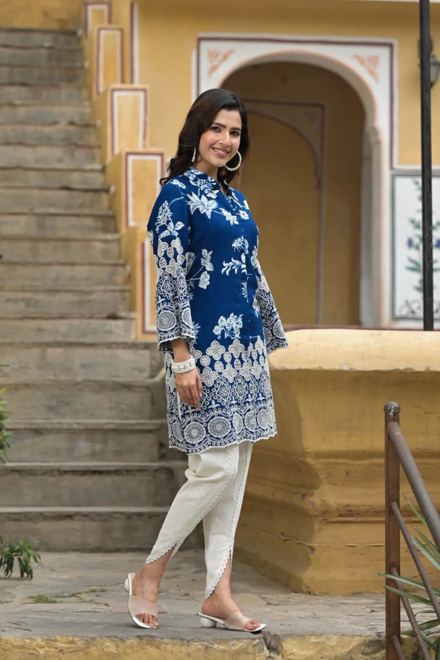 Blue Floral Embroidered Tunic with Dhoti Pants