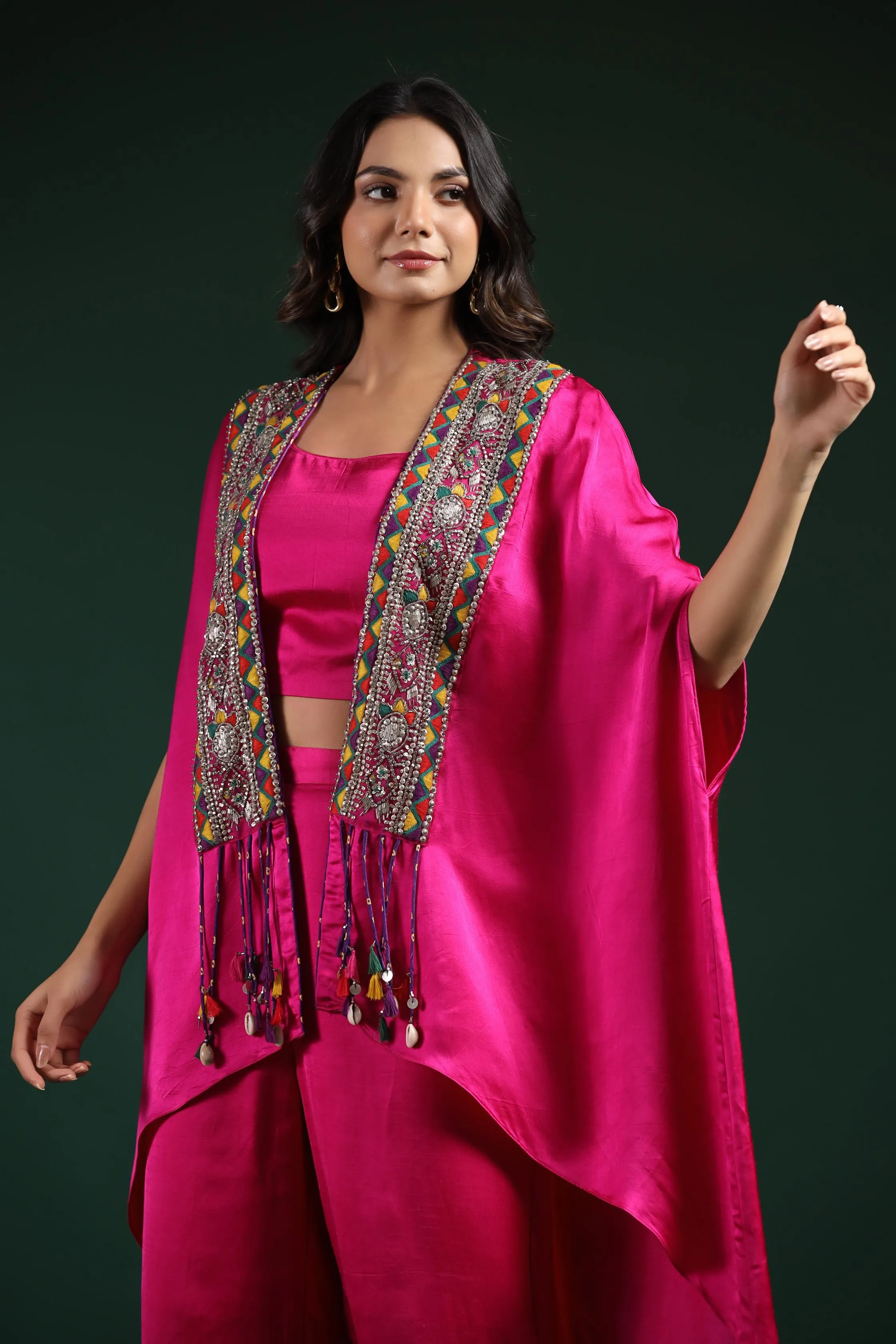 Bright Pink Embroidered Satin Silk Cape Set