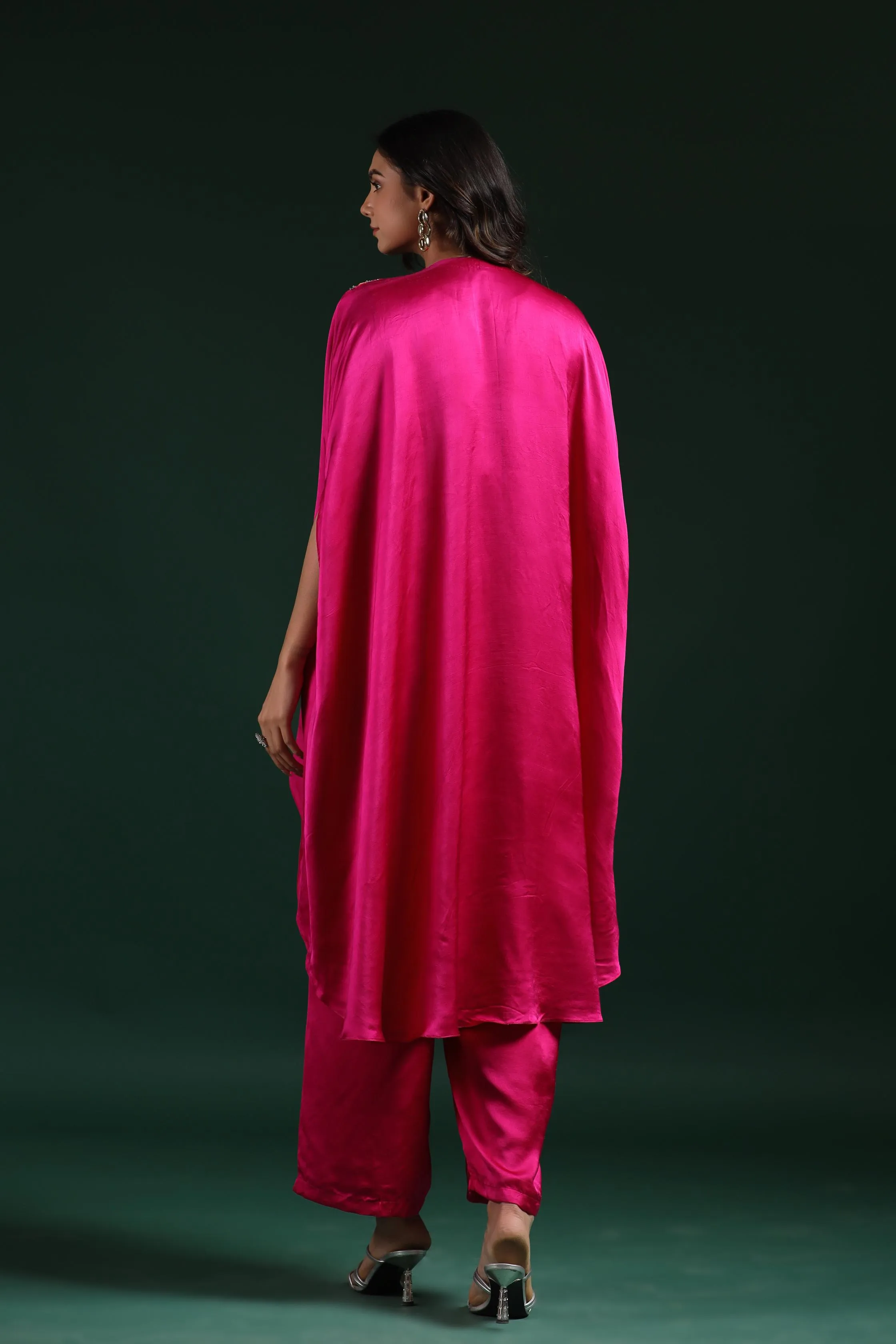 Bright Pink Embroidered Satin Silk Cape Set