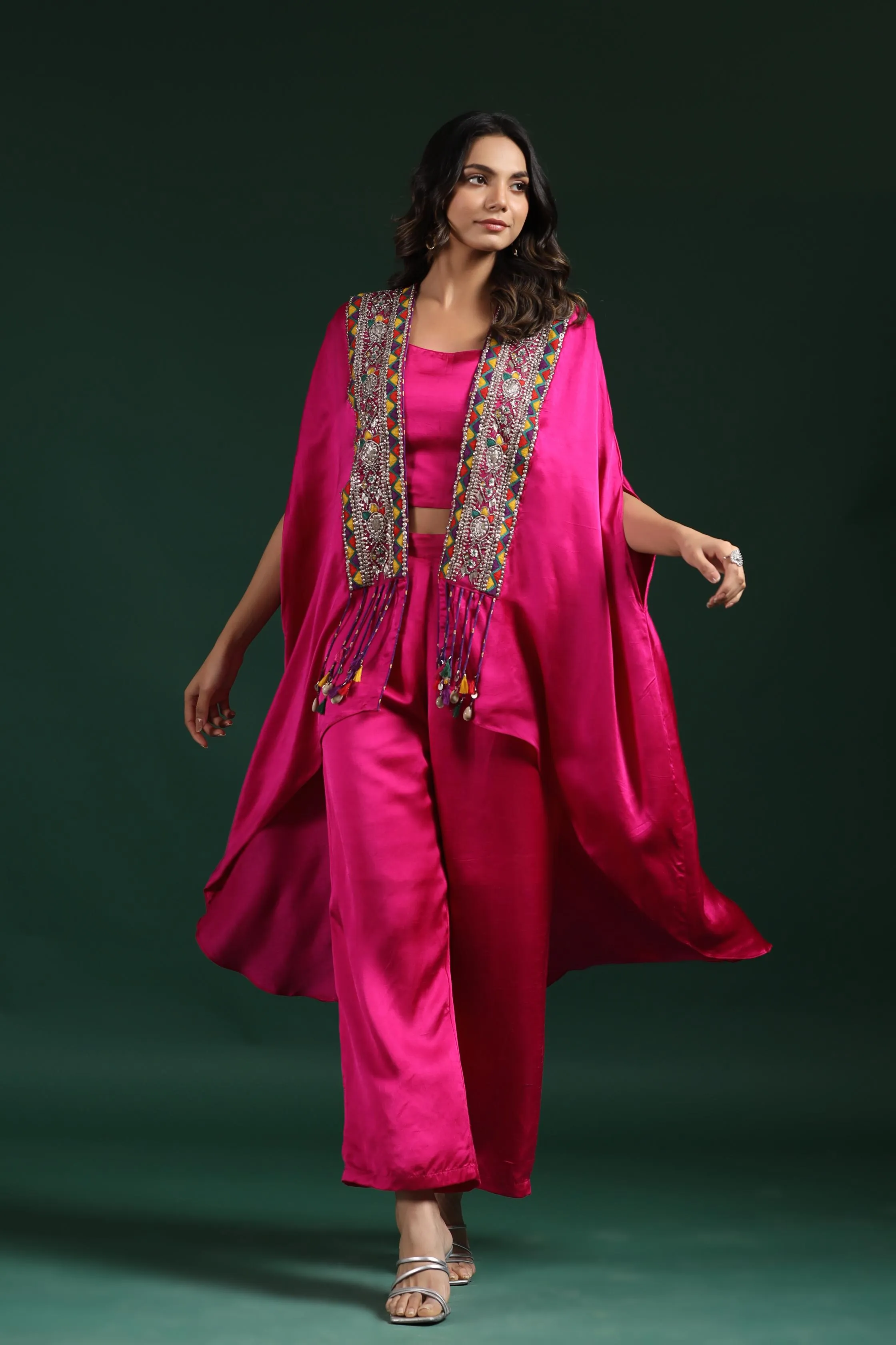 Bright Pink Embroidered Satin Silk Cape Set