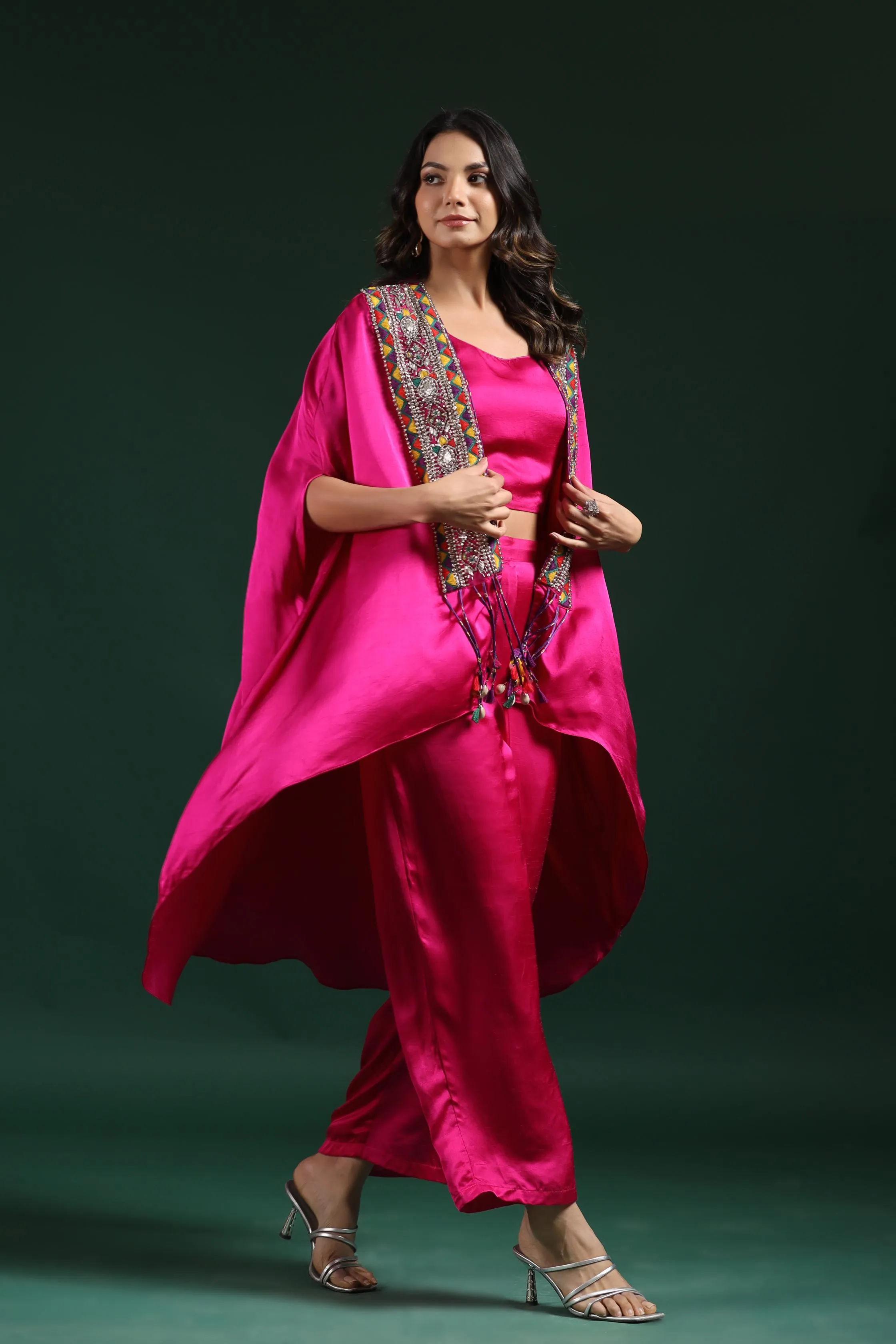 Bright Pink Embroidered Satin Silk Cape Set