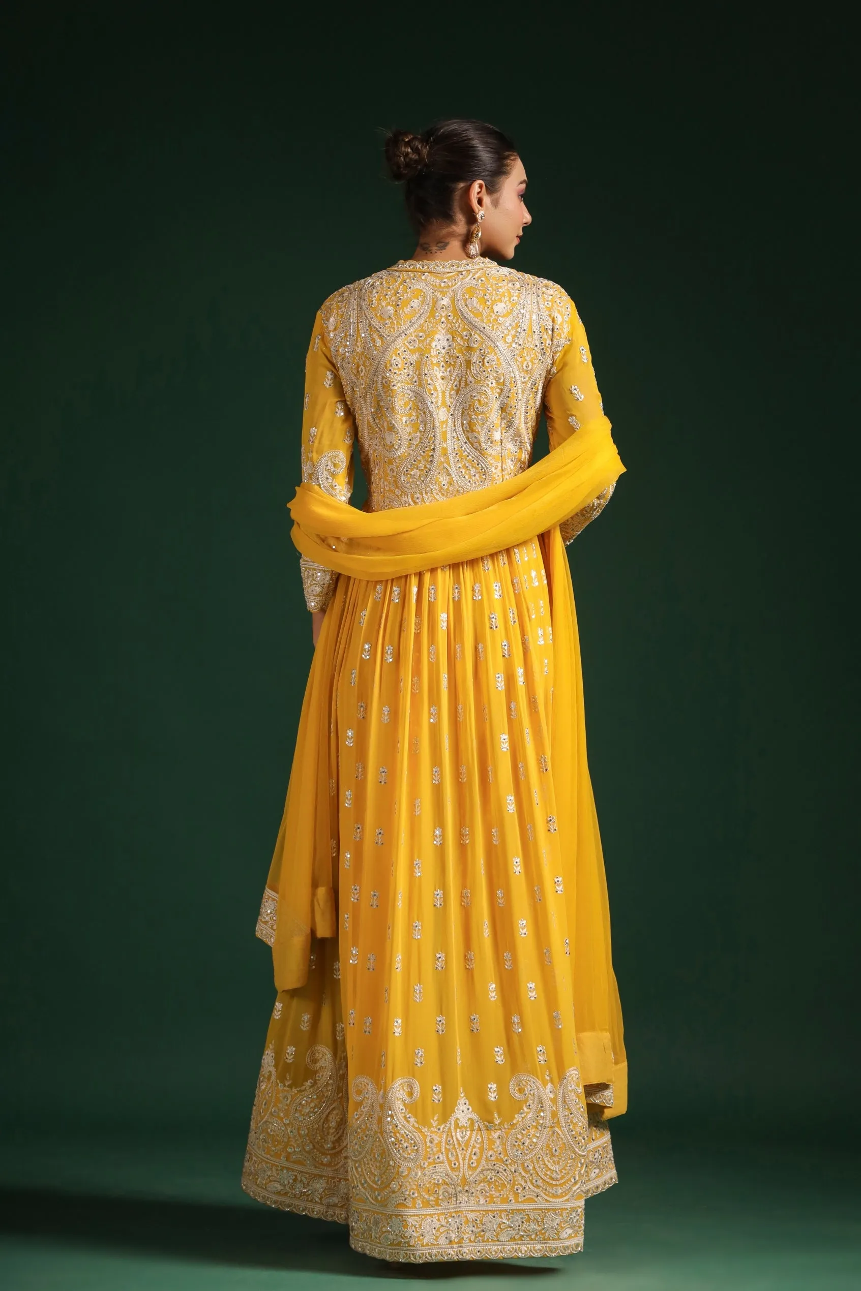 Bright Yellow Embellished Swiss Georgette Anarkali Set