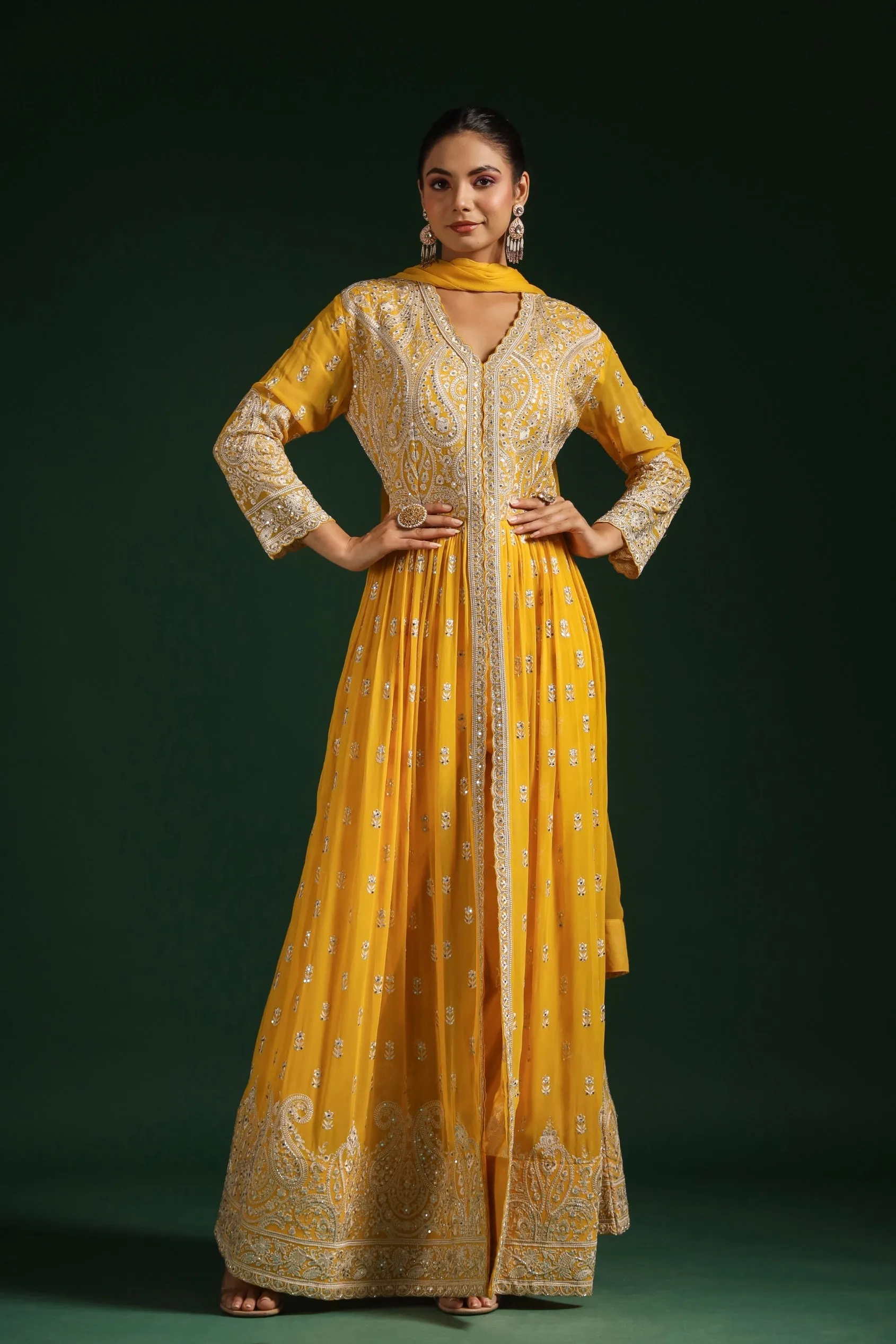 Bright Yellow Embellished Swiss Georgette Anarkali Set