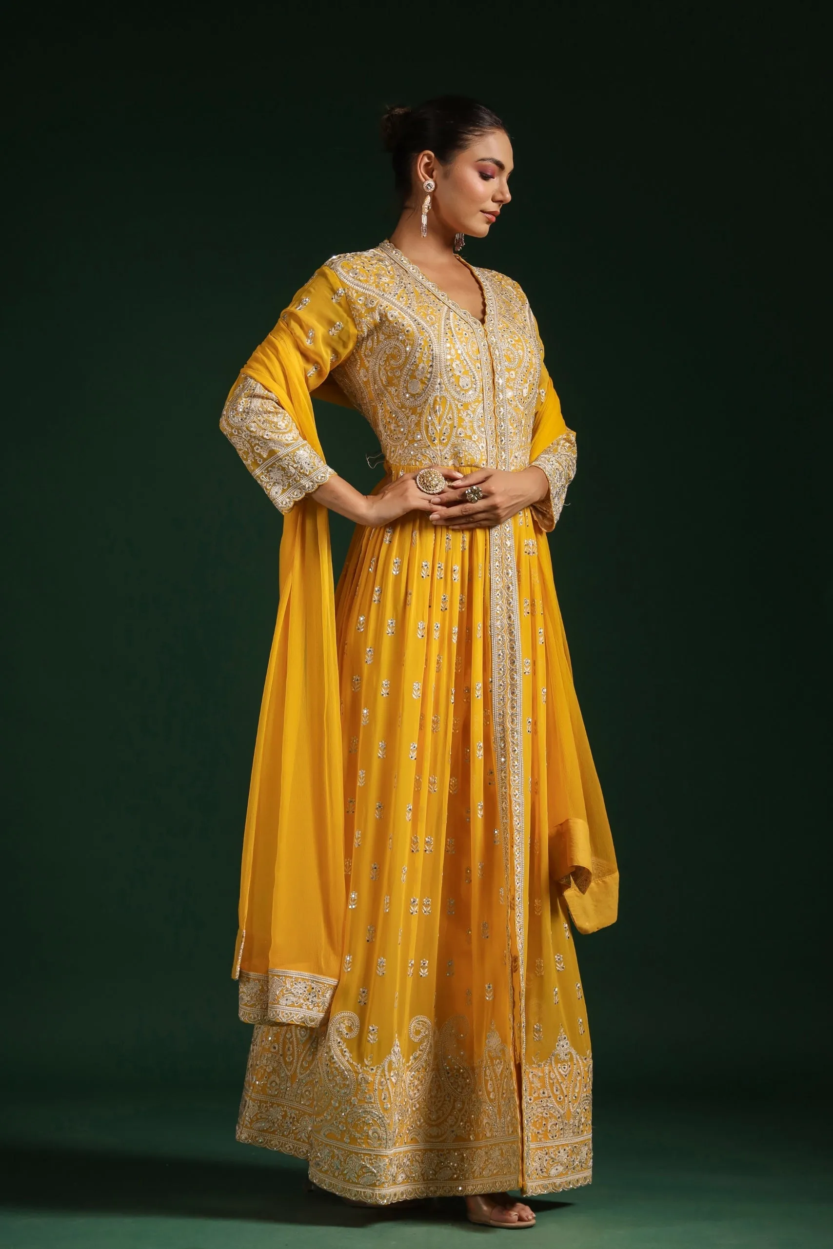 Bright Yellow Embellished Swiss Georgette Anarkali Set