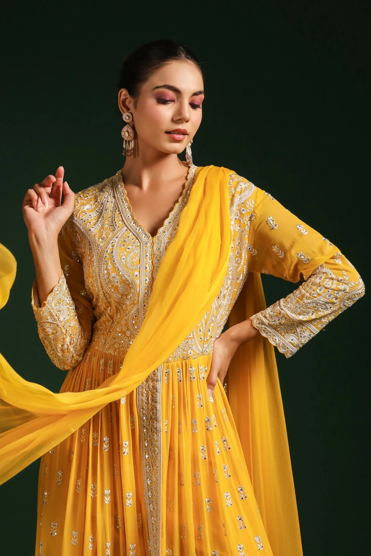 Bright Yellow Embellished Swiss Georgette Anarkali Set