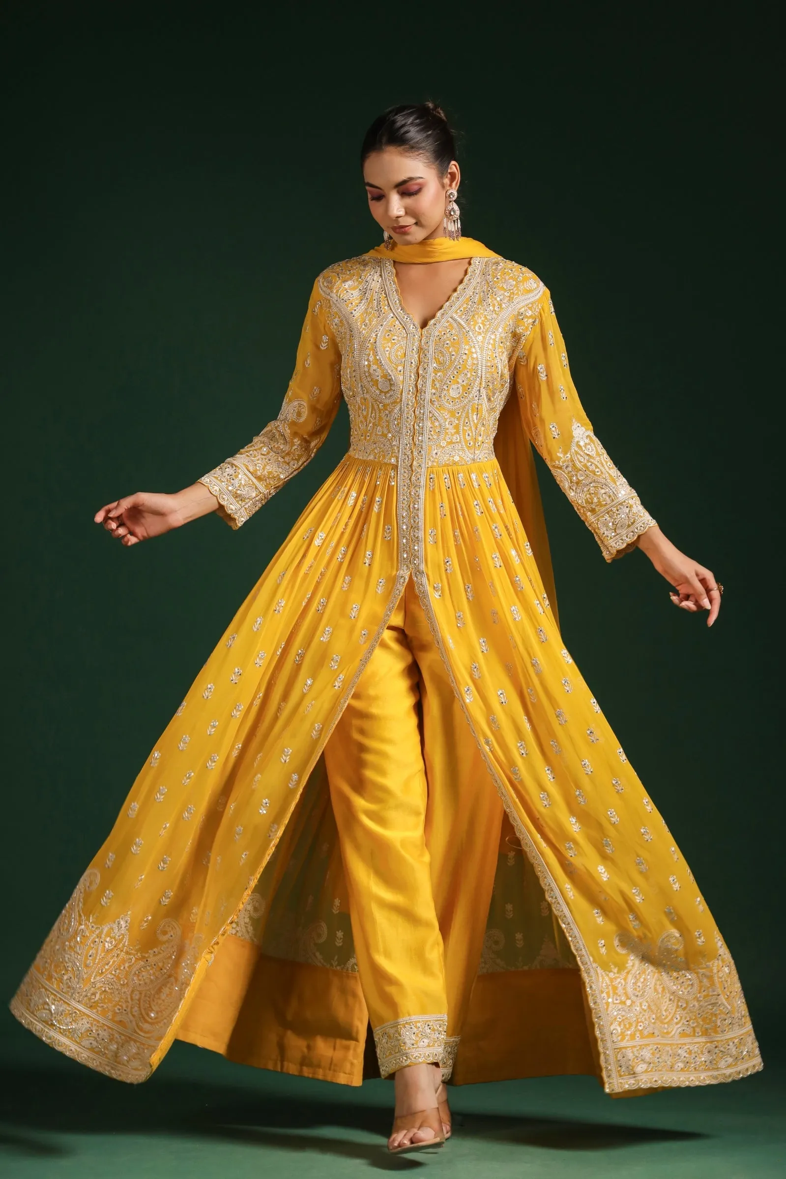 Bright Yellow Embellished Swiss Georgette Anarkali Set