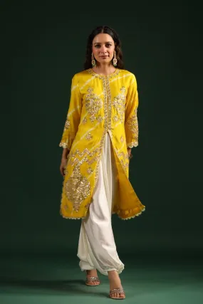 Bright Yellow Embellished Tunic With Contrast Harem Pants