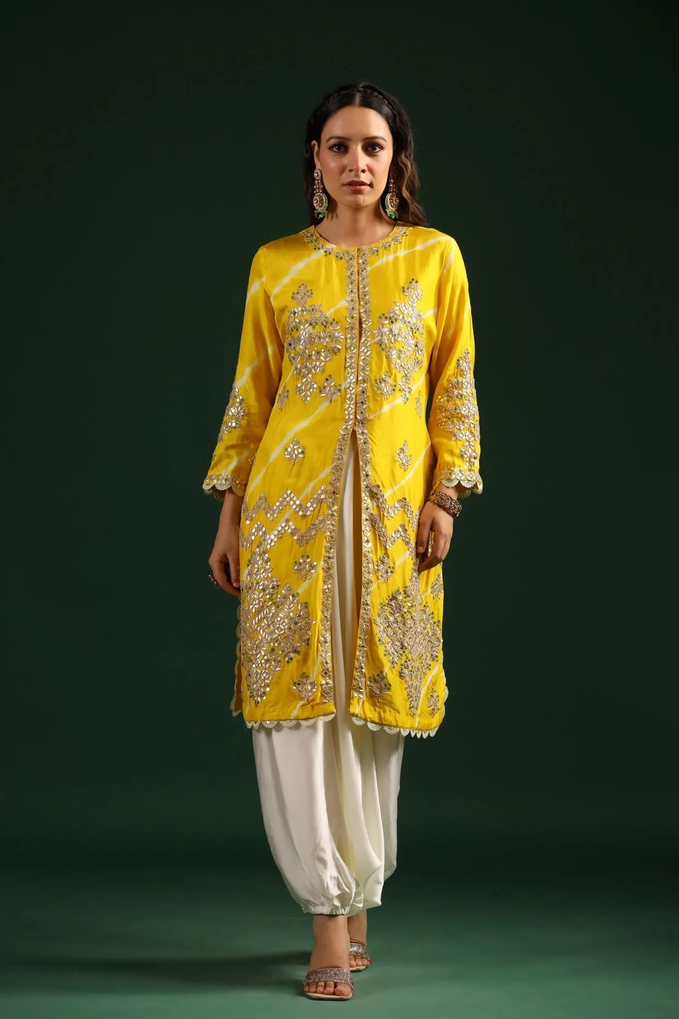 Bright Yellow Embellished Tunic With Contrast Harem Pants