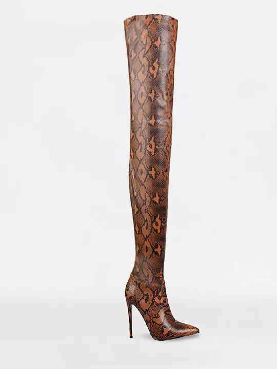 Camel Python Lycra Stiletto Thigh High Boots