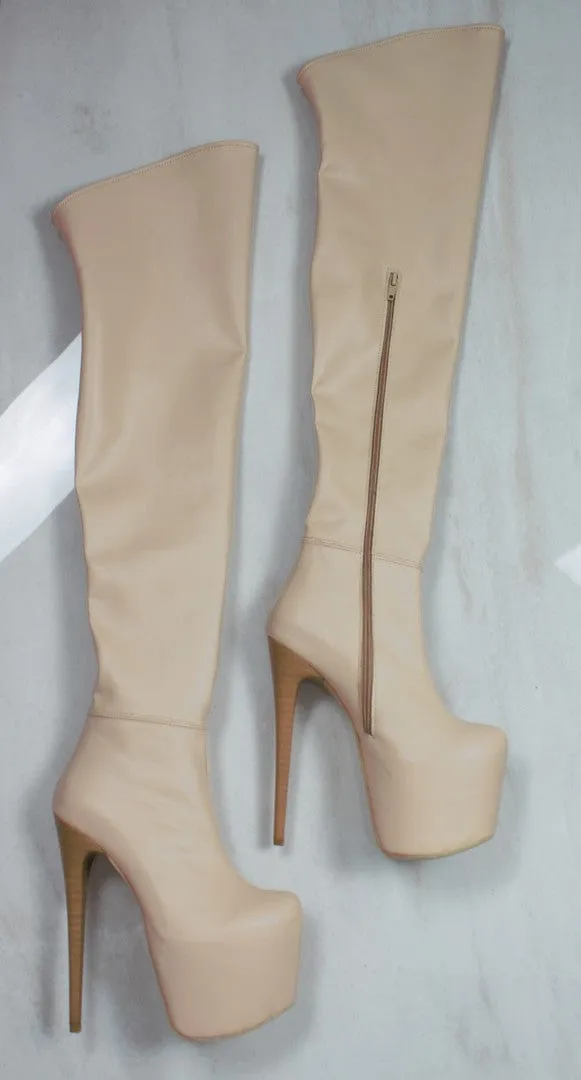 Cream Nude Knee High Platform Boots