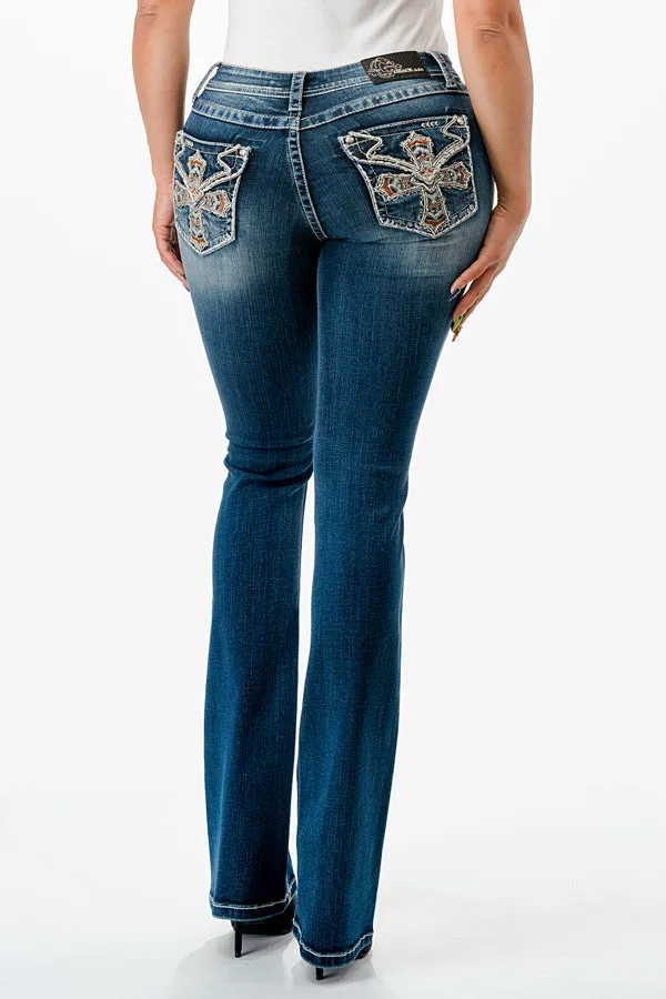 Cross Embellished Mid Rise Bootcut Jeans