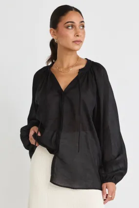 Deft Black Sheer Viscose Blend LS Blouse