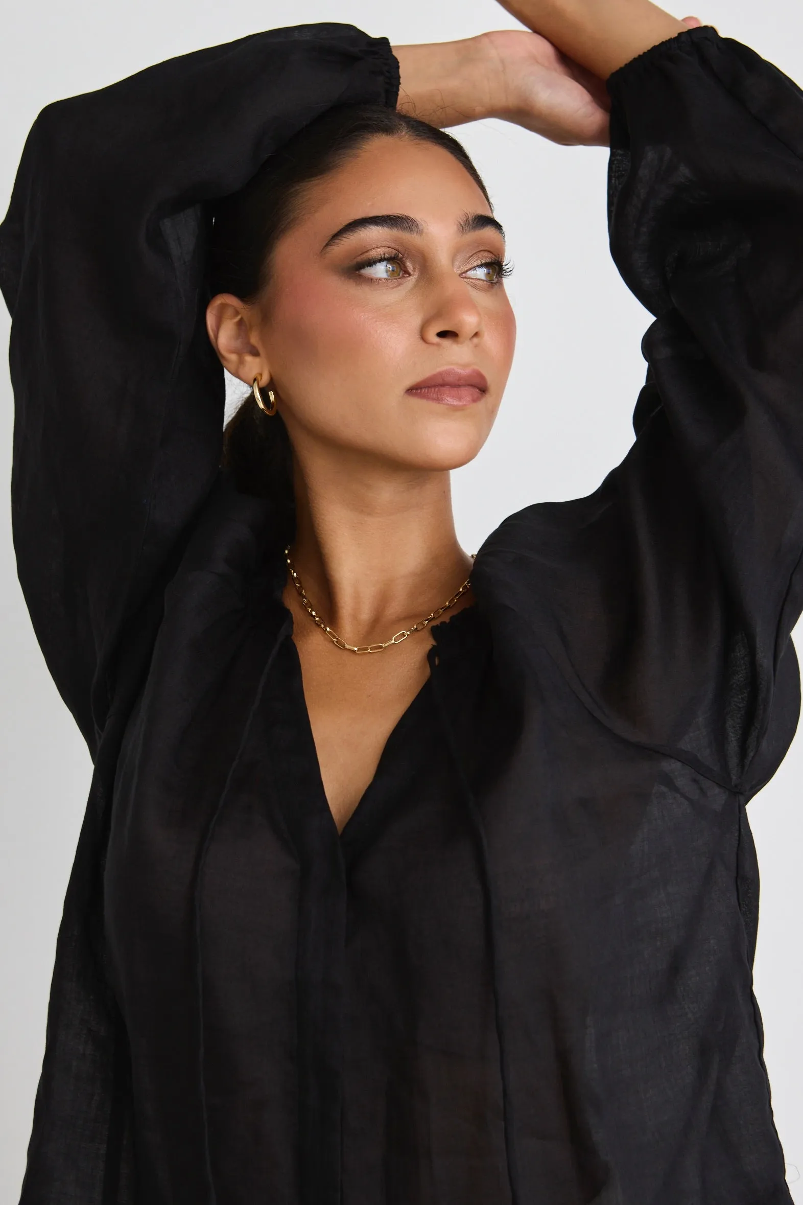 Deft Black Sheer Viscose Blend LS Blouse