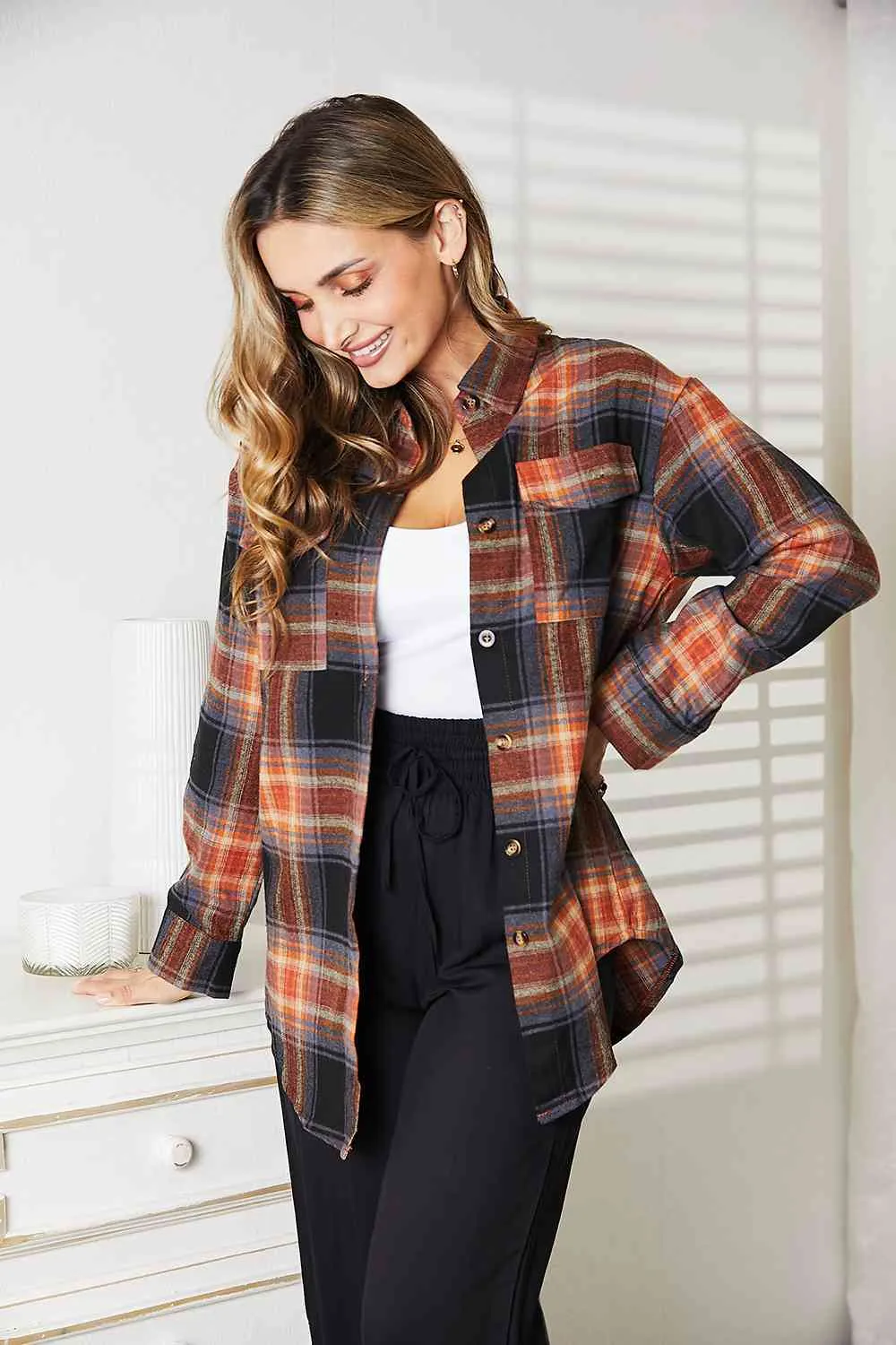 Double Take Plaid Dropped Shoulder Shirt