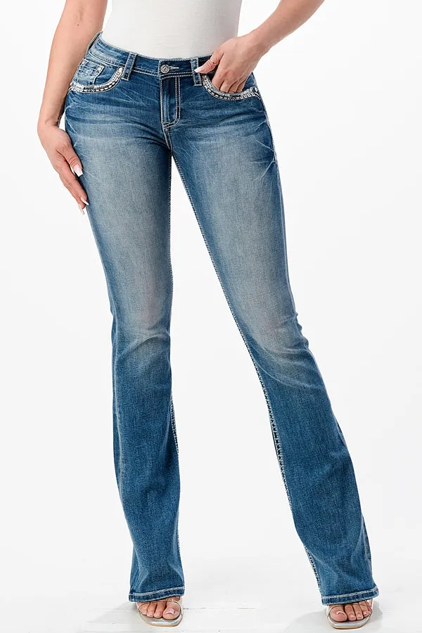 Feather Embellished Mid Rise Bootcut Jeans