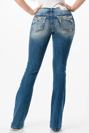 Feather Embellished Mid Rise Bootcut Jeans