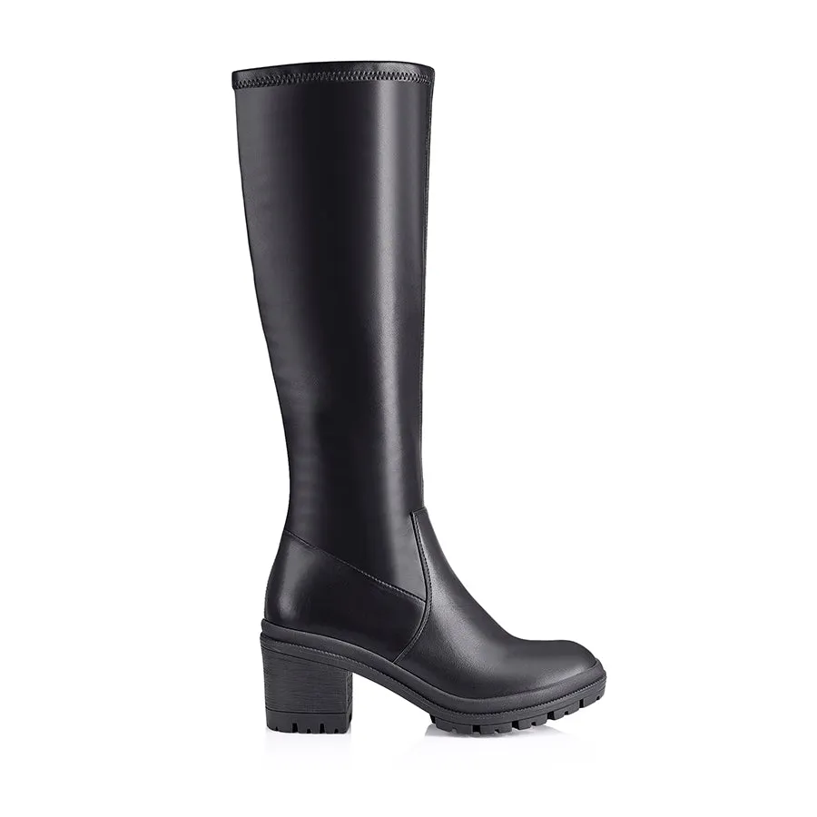 Genna Knee High Boots - Black Stretch