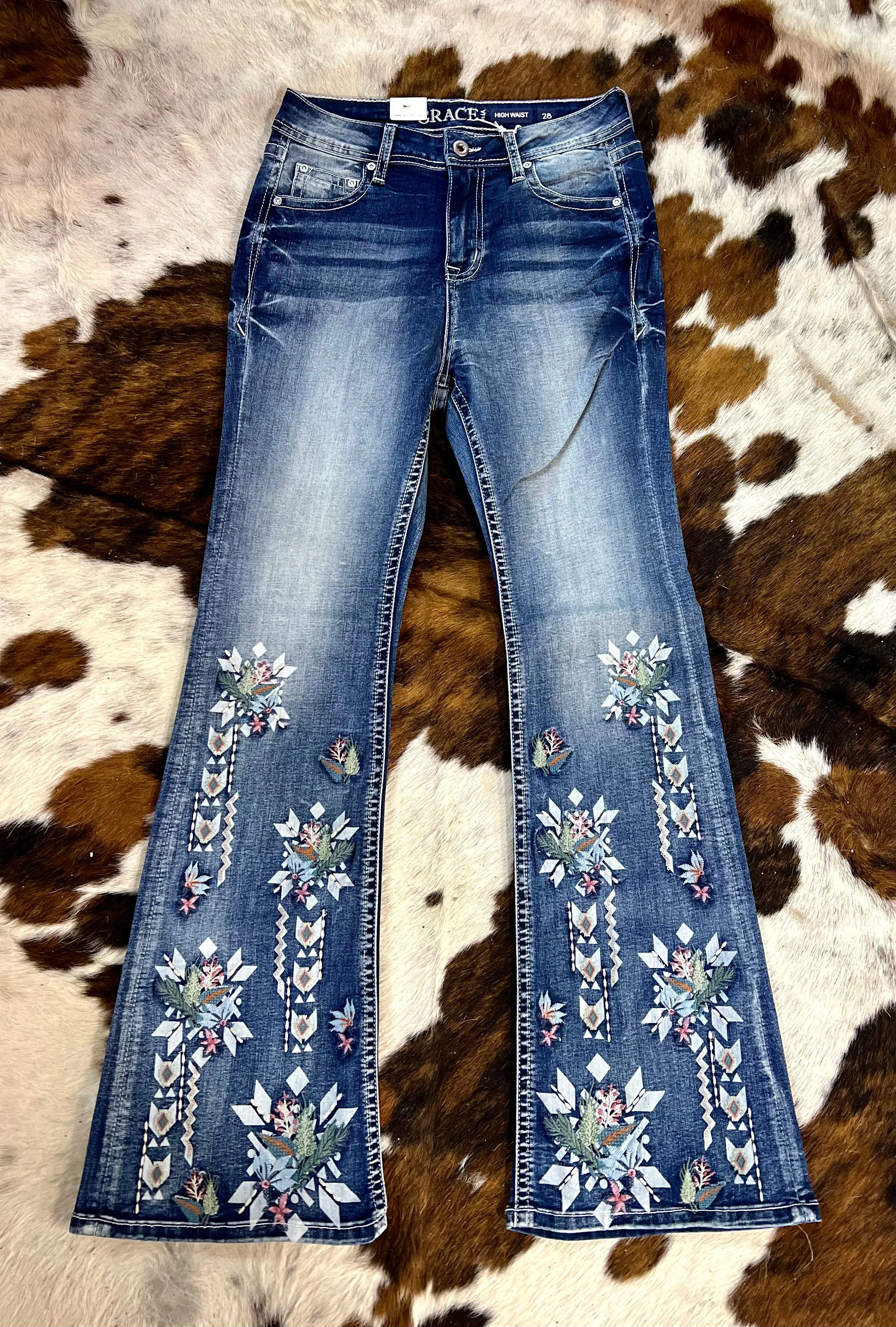 Grace in LA Geo Embroidered Bootcut Jeans