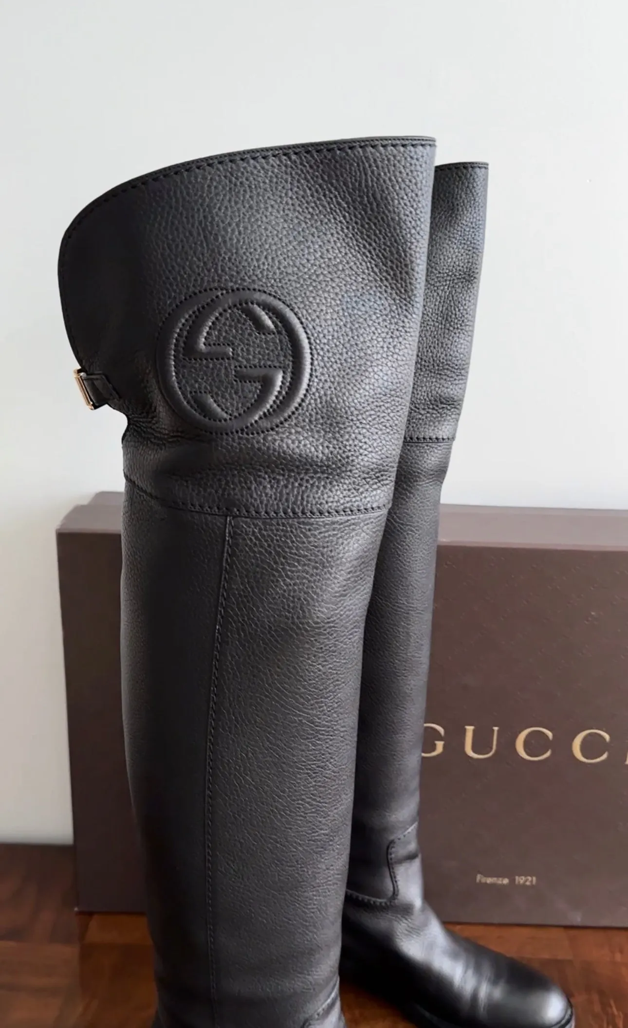 Gucci Black Grained Leather Soho Over the Knee Riding Boots - 37