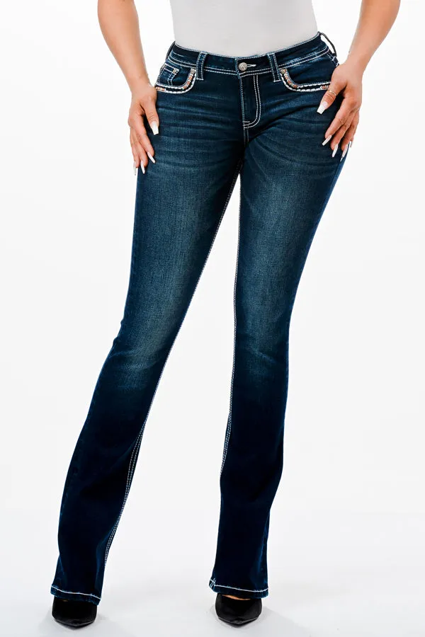 Horse Shoe Embellishment Mid Rise Bootcut Jeans