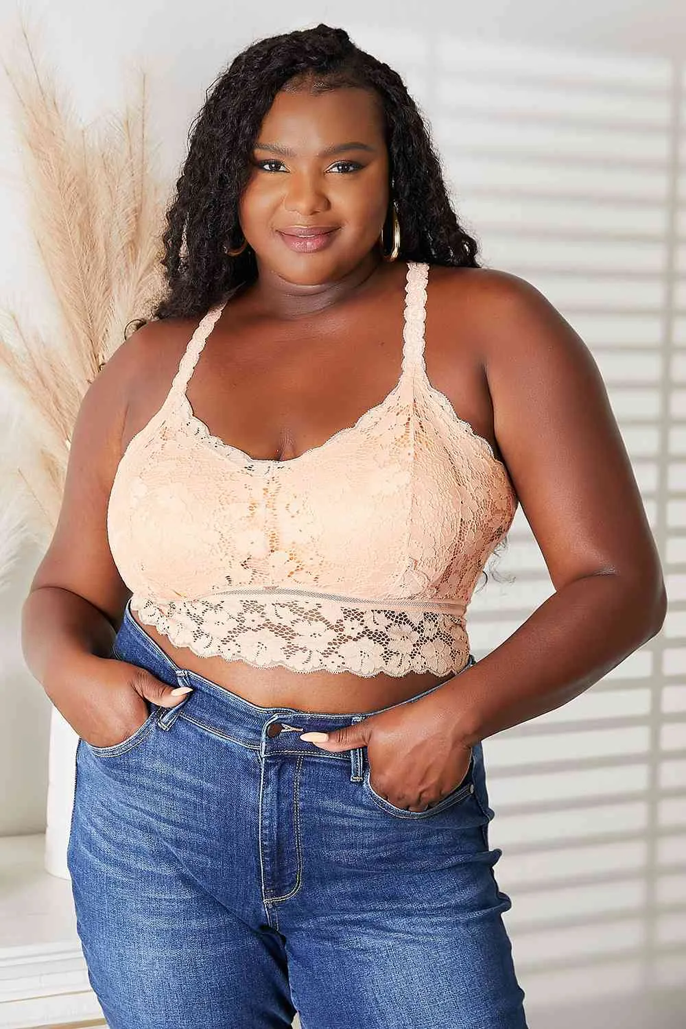 Light Apricot Juliette Full Size Crisscross Lace Bralette