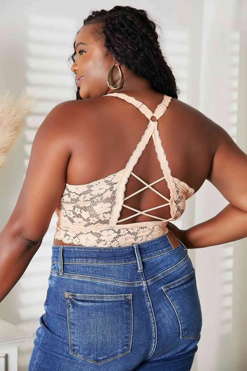 Light Apricot Juliette Full Size Crisscross Lace Bralette