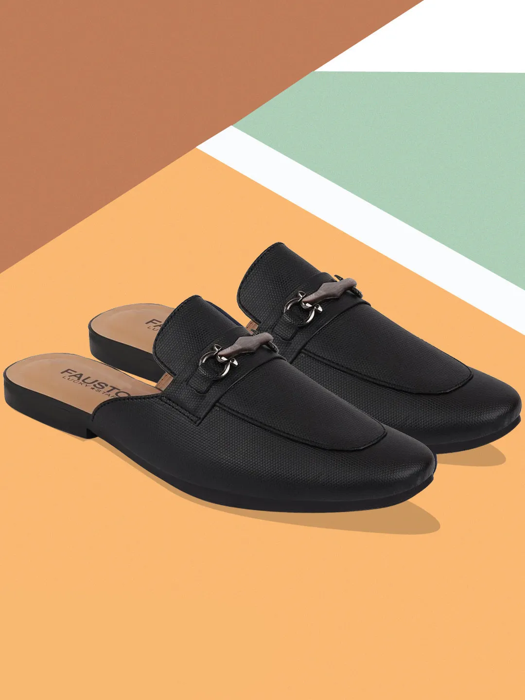 Men Black Back Open Buckle Casual Slip On Mules