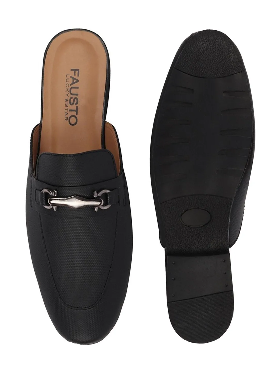 Men Black Back Open Buckle Casual Slip On Mules