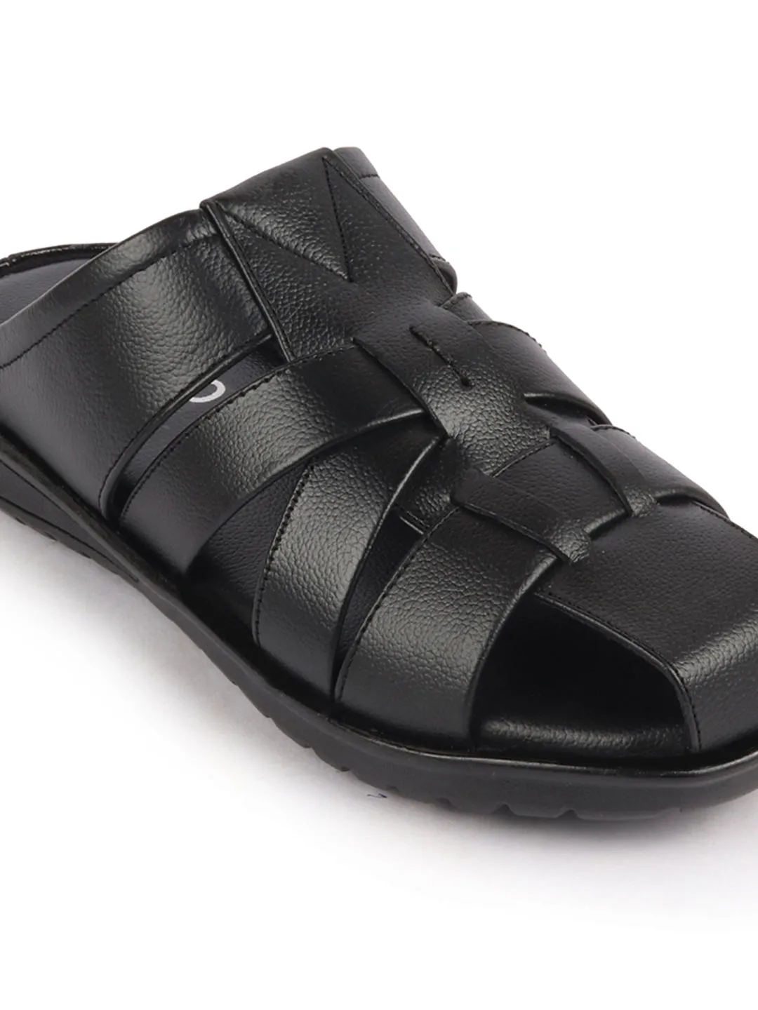 Men Black Genuine Leather Criss Cross Strap Back Open Slip On Closed Toe Dress Sandals