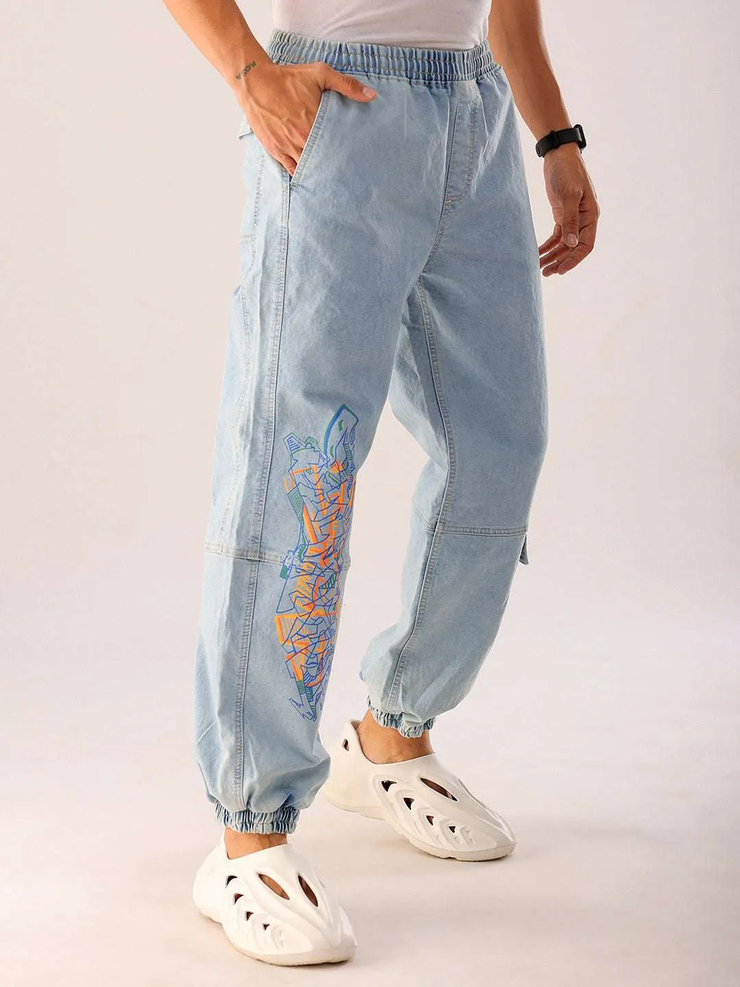 Men Blue Solid Loose Fit Denim Jogger