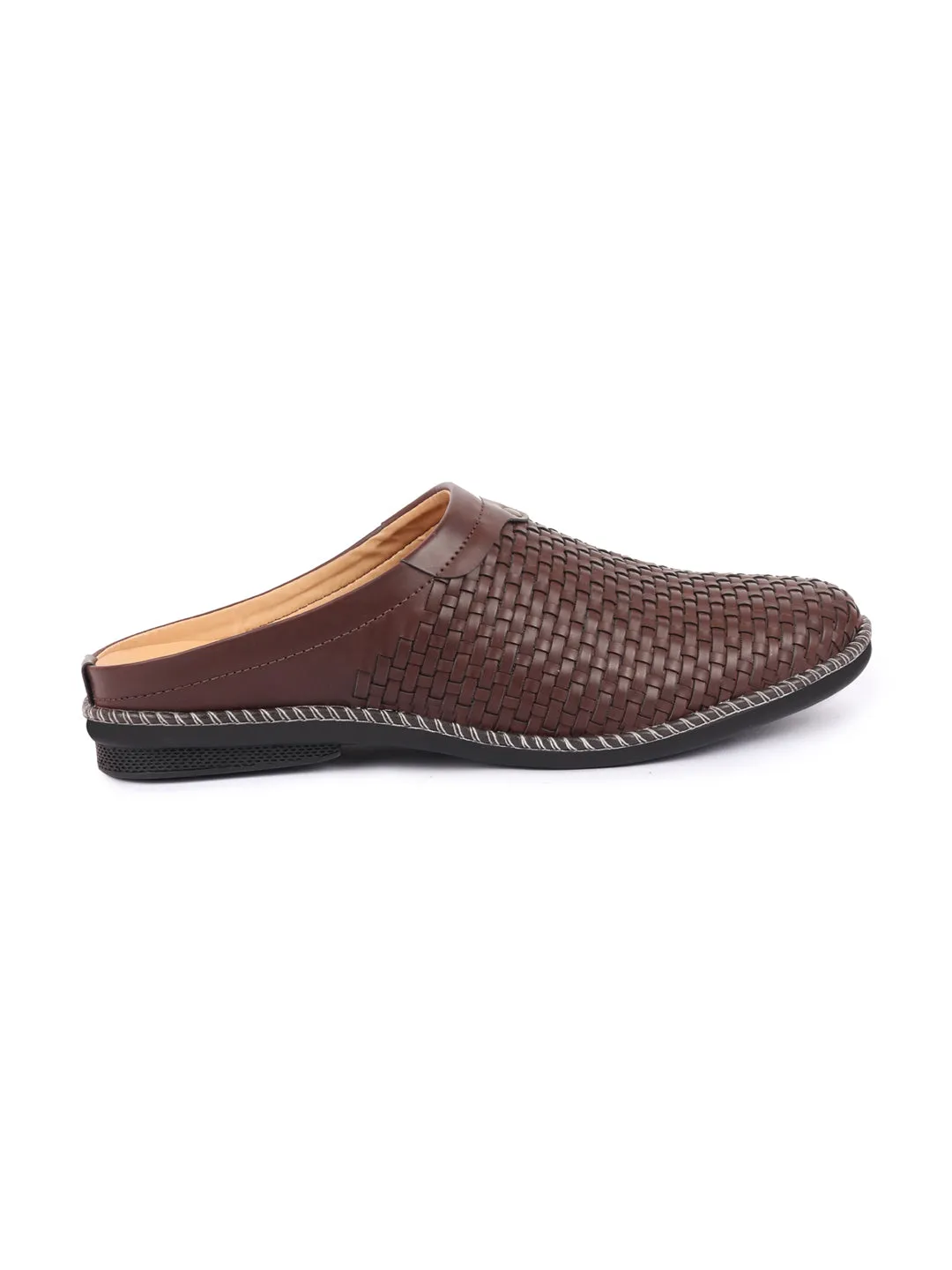 Men Brown Back Open Knit Design Stitched Ethnic Casual Mules