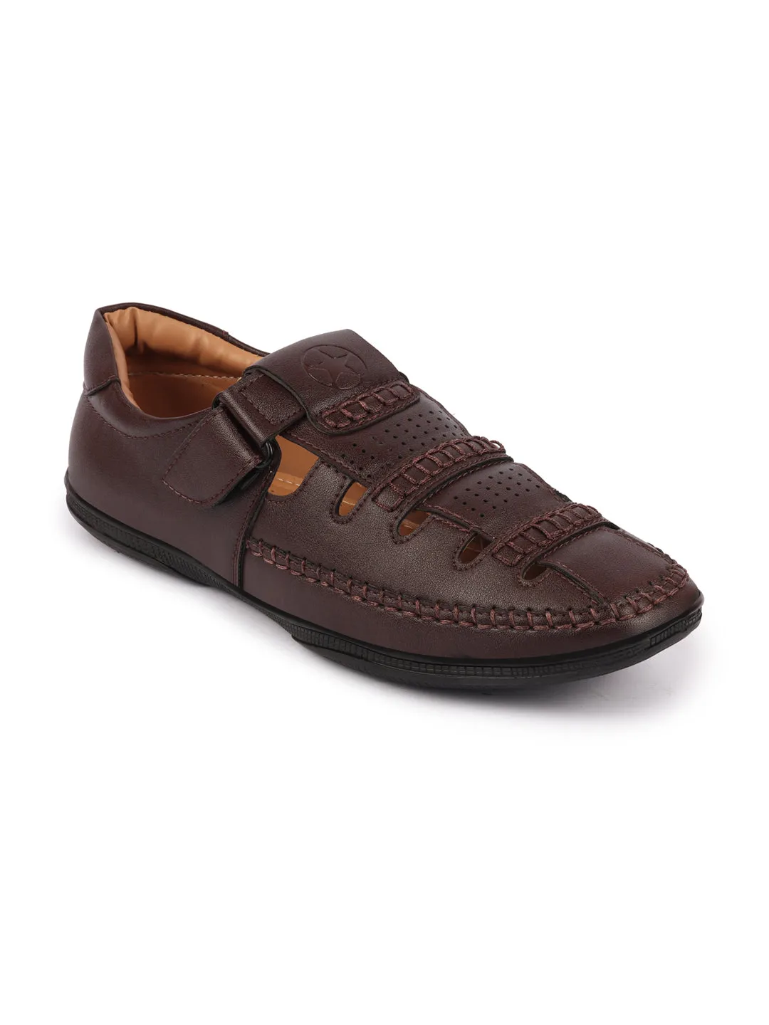 Men Brown Stitched Design Roman Sandals with Ankle Strap