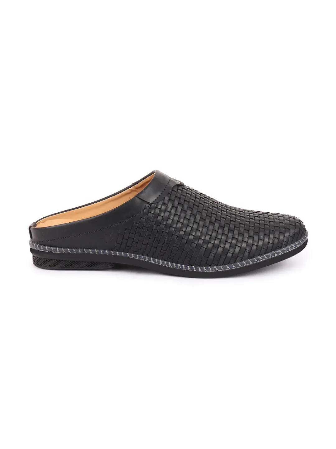 Men Navy Blue Back Open Knit Design Stitched Ethnic Casual Mules