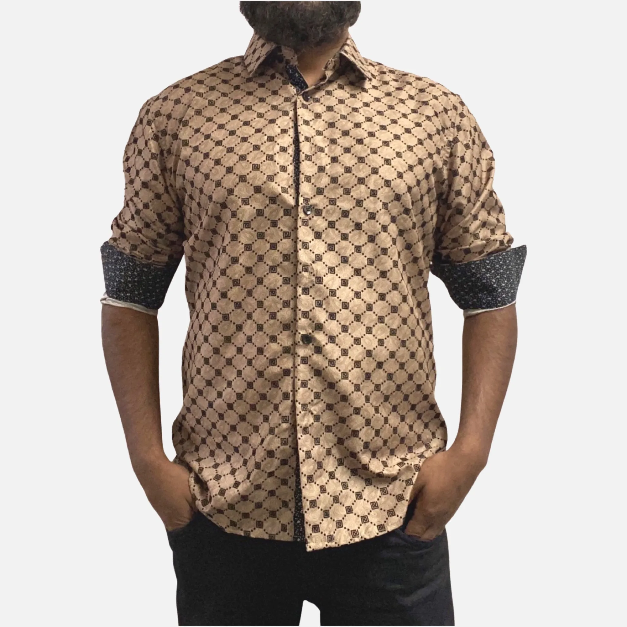 Men's Taupe Shirt with Black Flocking Pattern and Subtle Paisley Design